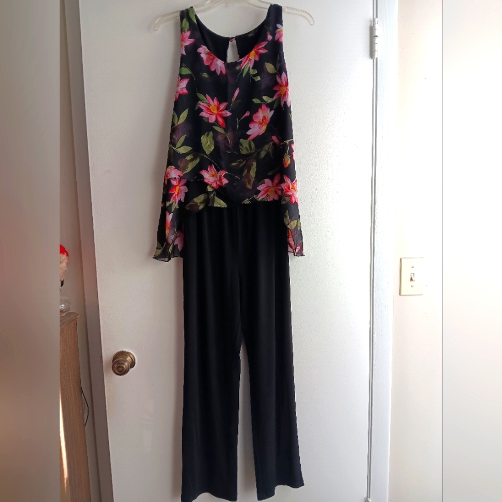 ❤️Espresso Black Jumpsuit with Pink and Green Floral Pattern